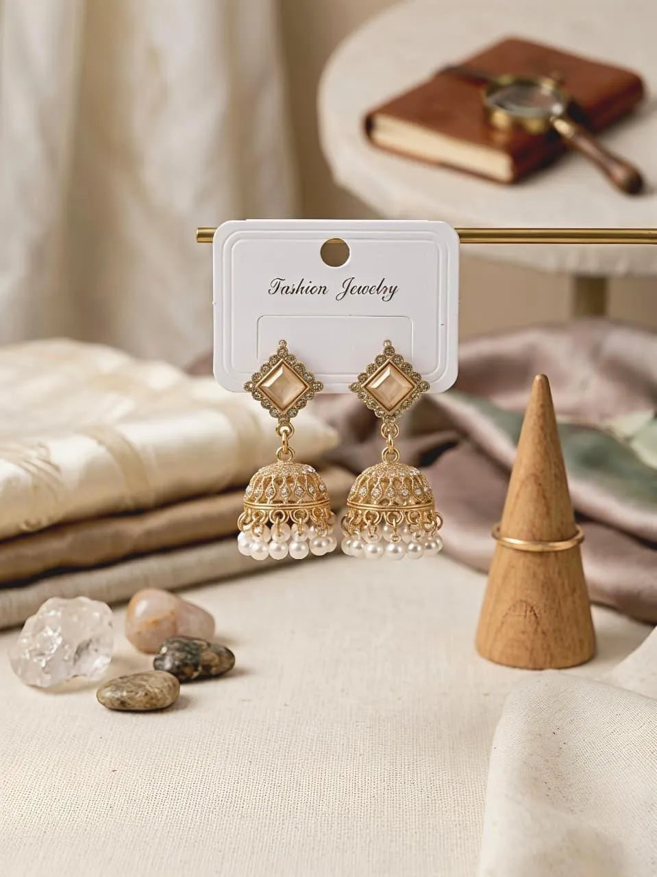 Lustrous Golden Crystal-Embedded Fancy Jhumkas | 2-Piece Premium Gold-Plated Set