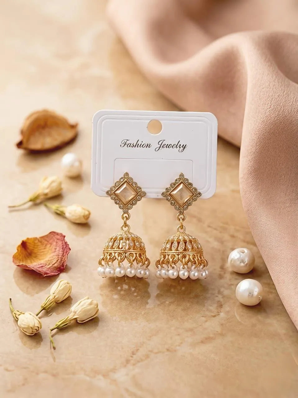 Lustrous Golden Crystal-Embedded Fancy Jhumkas | 2-Piece Premium Gold-Plated Set