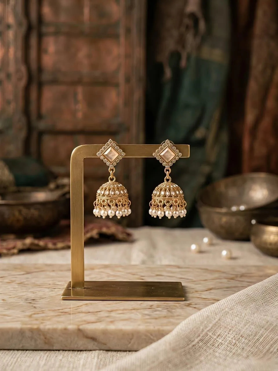 Lustrous Golden Crystal-Embedded Fancy Jhumkas | 2-Piece Premium Gold-Plated Set