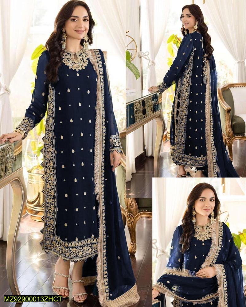 Blue Embroidered 3Pcs Crinkle Chiffon Suit Medium to XL