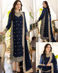 Blue Embroidered 3Pcs Crinkle Chiffon Suit Medium to XL