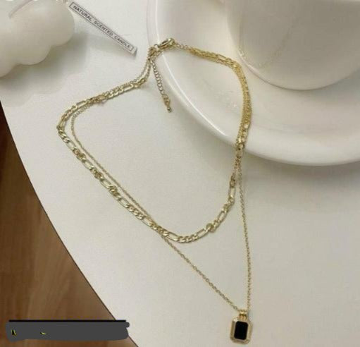 18K Gold Plated Layered Chain Necklace with Onyx Black Pendant (18")
