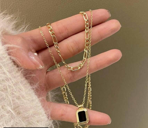 18K Gold Plated Layered Chain Necklace with Onyx Black Pendant (18")